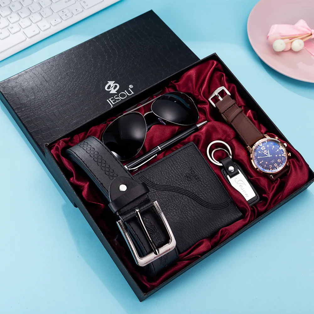 

6 PCS /Set Boutique Gift Set Glasses + Leather Belt + Wallet + Keychain + Large Dial Quartz Watch + Pen