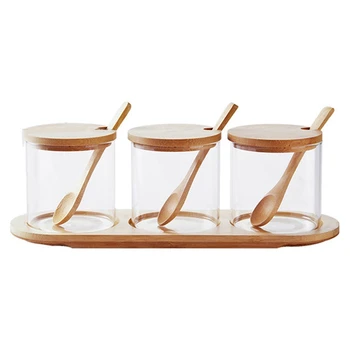 

Glass Seasoning Jar Box Sugar Bowl Flavoring Jar Multi-Function Seasoning Box With Bamboo Spoon And Shelf