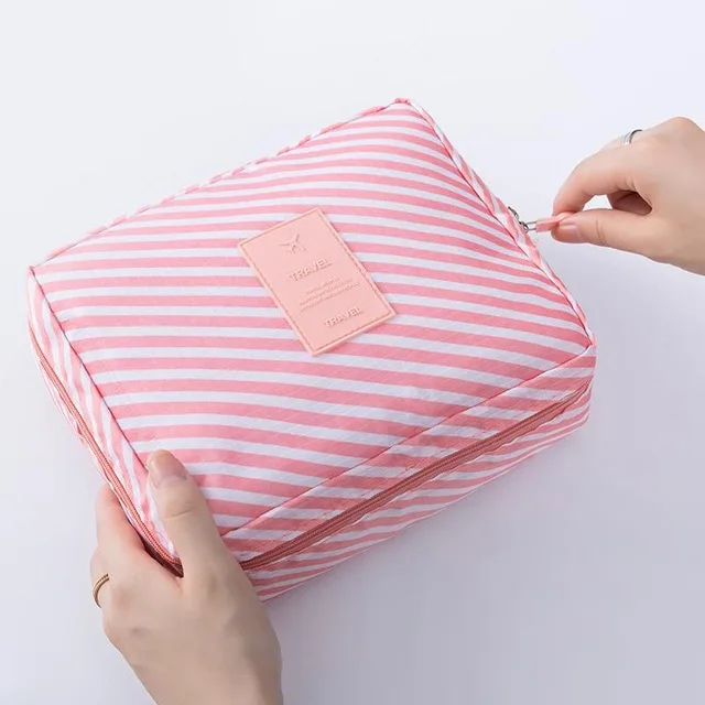 Portable Multifunction travel Cosmetic Bag Women Makeup Bags Toiletries Organizer Waterproof Female Storage Make up Cases - Цвет: Pink stripe