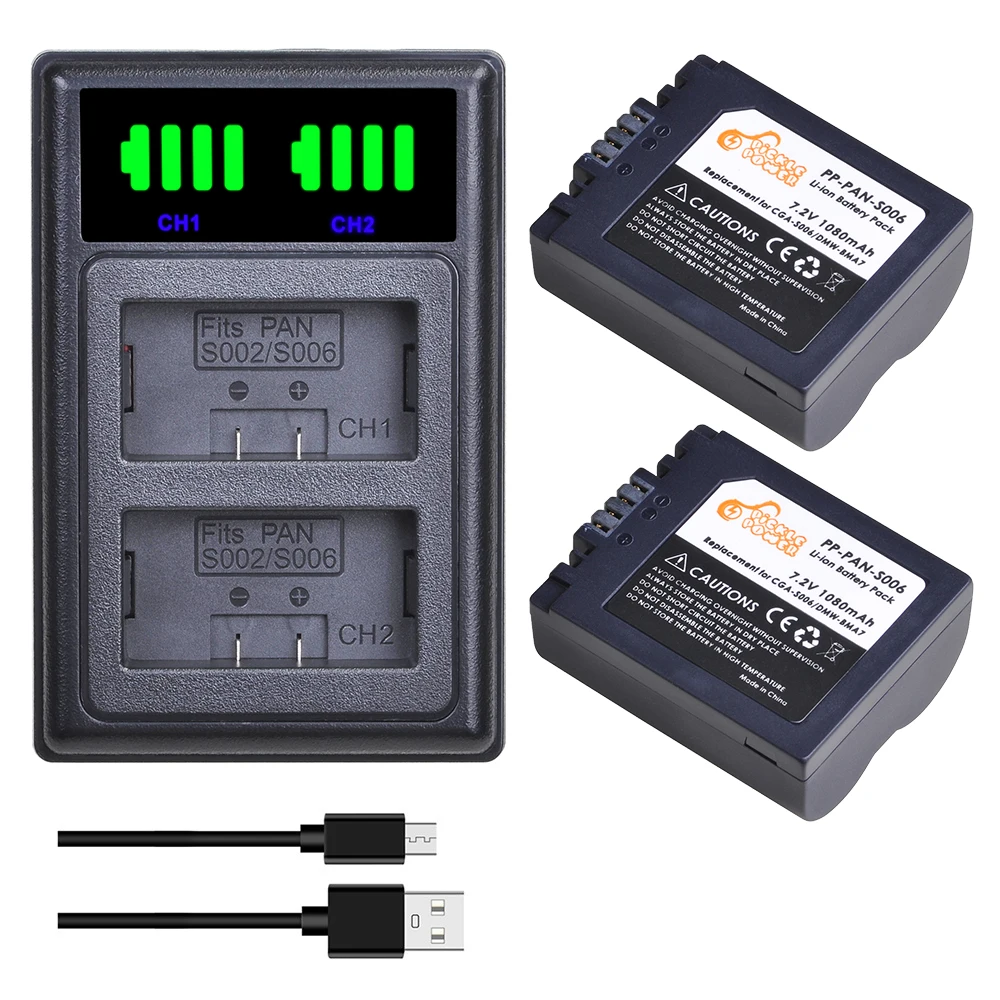 Cga-S006 S006A S006E Dmw-Bma7 Batteria + Led Dual Usb Caricabatterie Per Panasonic Lumix Dmc-Dmc-Fz7, Dmc-Fz8, Dmc-Fz18, Dmc-Fz28, Dmc-Fz30