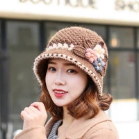 Autumn Winter Knitted Female Three-Dimensional Flower Plush Fisherman Hat Basin Hat Mother Hat Fashion Old Age Cap Khaki 1