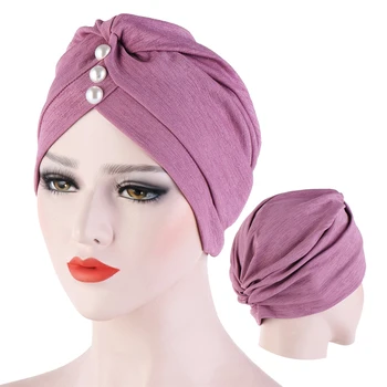 

2020 cotton solid folds pearl muslim turban scarf women islamic inner hijab caps Arab wrap head femme musulman turbante mujer
