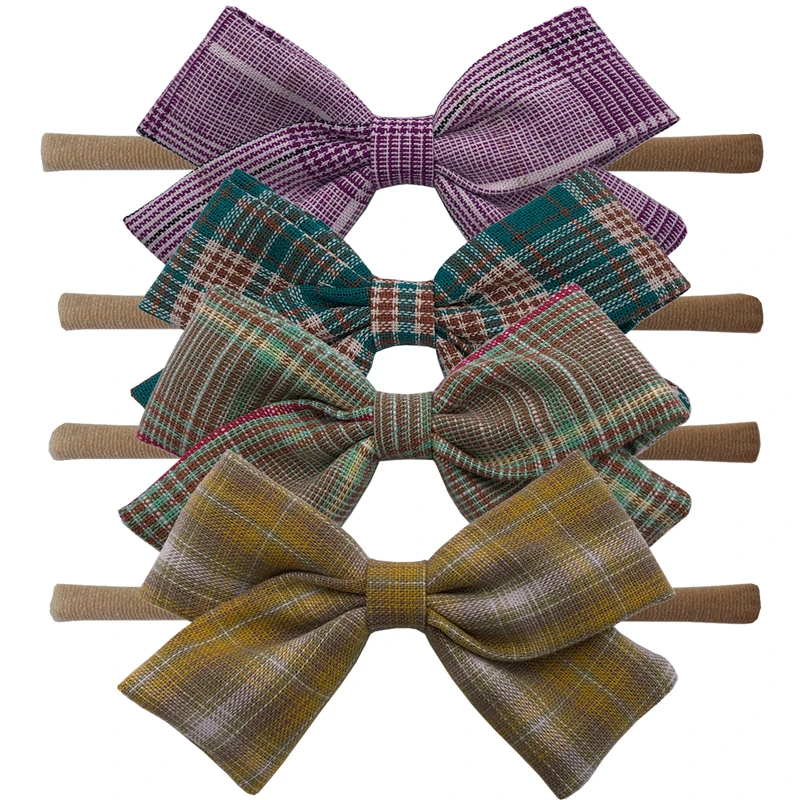 Vintage Plaid sets-2 4 предмета, детское платье для девочек ткань банты, повязки на голову бант для волос резинки для волос для девочек Мягкая тонкая нейлоновая повязка на голову из хлопковой ткани, с бантом женские аксессуары для волос - Цвет: Vintage Plaid sets-2