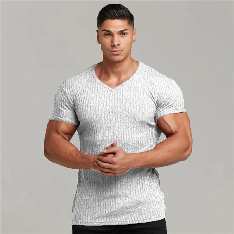 Men V Neck Short Sleeve T Shirt Fitness Slim Fit Sports Strips T-shirt Male Solid Fashion Tees Tops Summer Knitted Gym Clothing 5