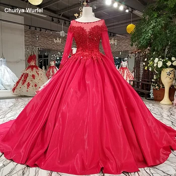 

LS92450 red shiny A-line evening dress long sleeve O-neck lace up tulle back formal evening dress with train as photos 2018