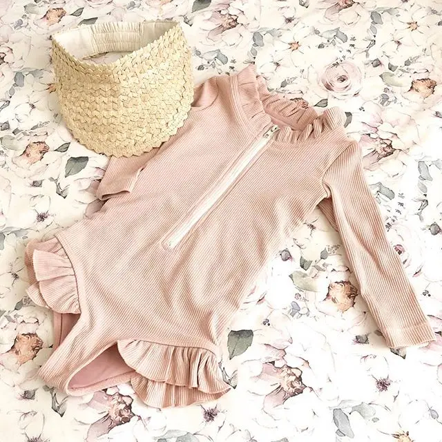 Children Swimwear 1-5Y Toddler Girls Knitted Front Zipper Long Sleeve Ruffles Summer Swimsuit Jumpsuits
