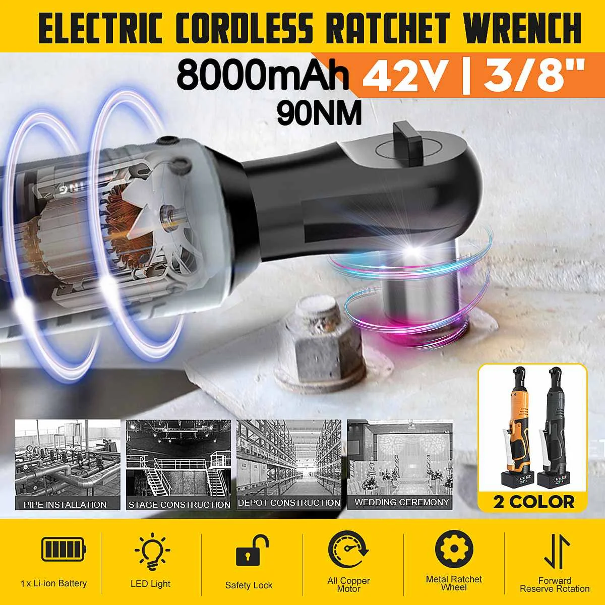 

42V 3/8'' 90Nm Electric Cordless LED Ratchet Angle Wrench Tool + 8000mAh Battery Rechargeable Scaffolding Right Angle Wrench Kit
