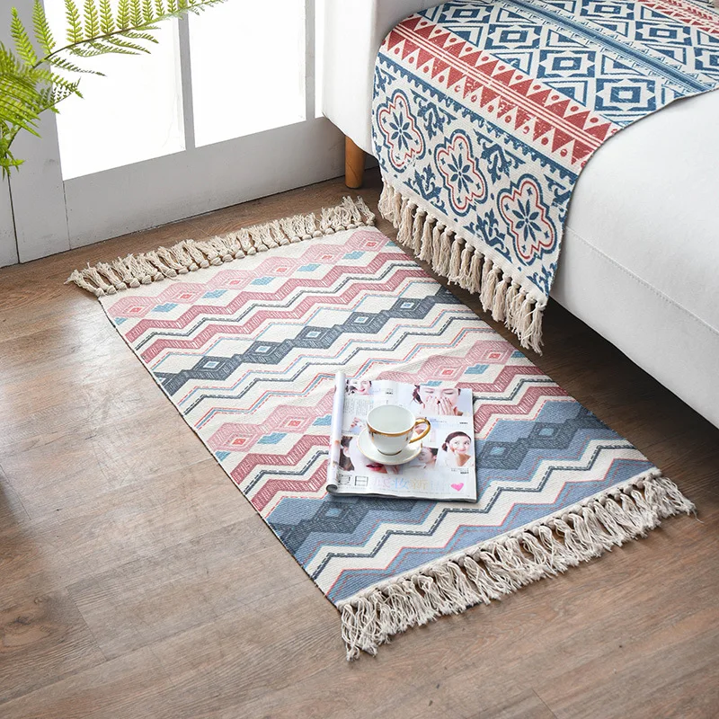 

Fabric Cotton Woven Floor Mat Tassels Knotting Printing Floor Mat Entrance Mat Modern Simple Bedside Carpet Bathroom Mat