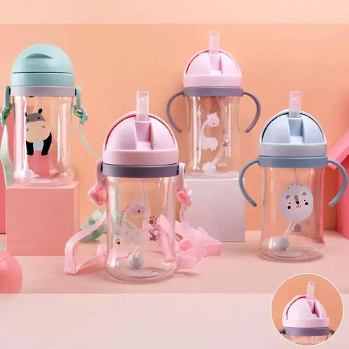 중력 공 아기 마시는 컵, 만화 동물 손잡이, 어깨 스트랩, 어린이 훈련 컵, 빨대 포함, 어린이 물병, 350ml 3