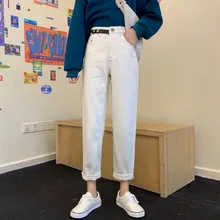 Зимние брюки женские флисовые джинсы белые с высокой талией утепленные шаровары корейский стиль повседневные брюки