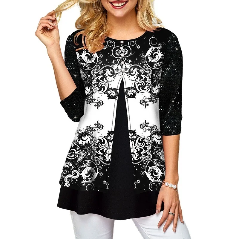 

Vicabo Women Loose Print Split 3/4 Sleeve Shirts Ladies Round Neck Tops Female Plus Size Casual Fashion White and Black T Shirt