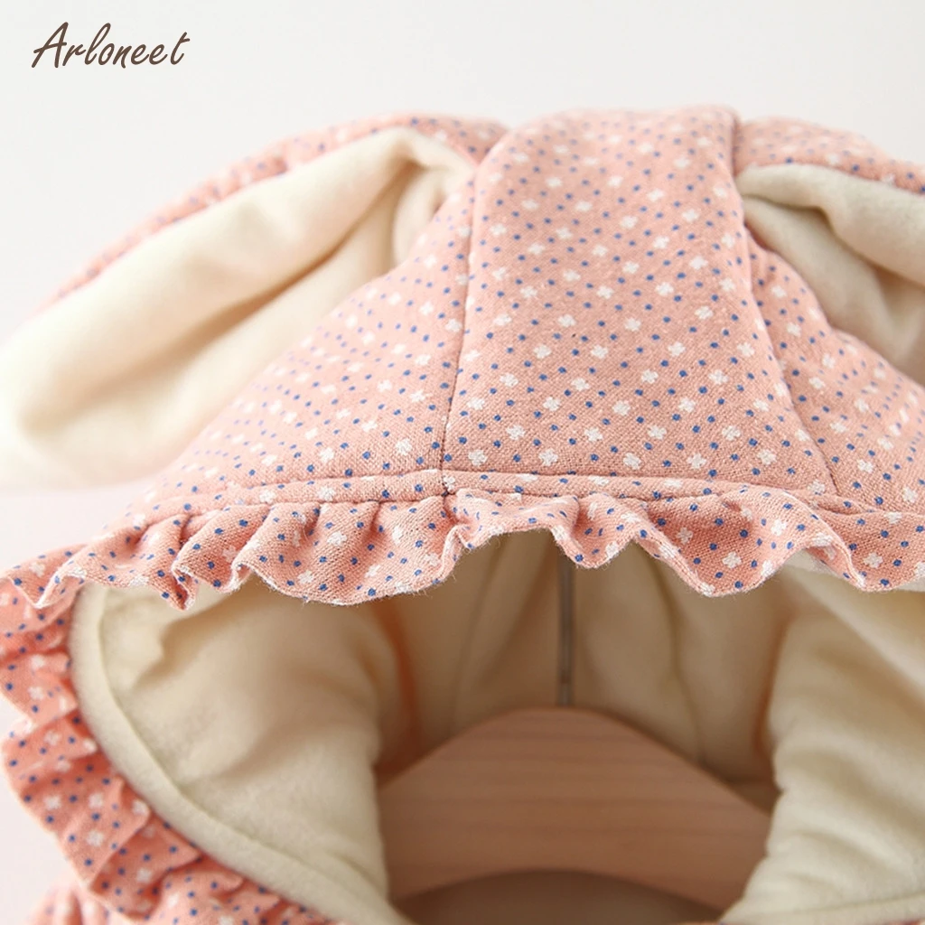 ARLONEET Children long sleeved ruffled dot print rabbit ears thickened plus velvet warm jacket cotton suit+ love bag Outwear