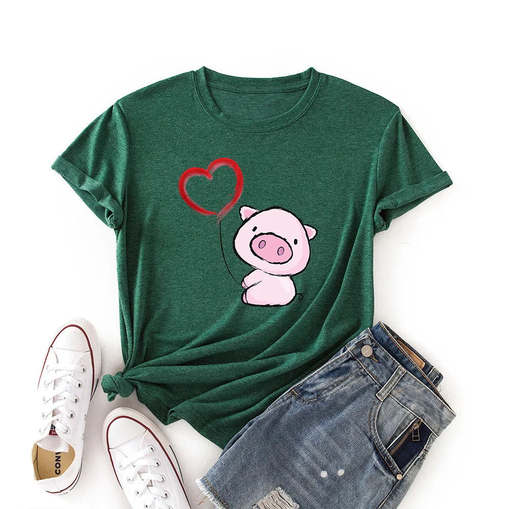Woman Short Sleeve Colored  Graphic Tees Summer T-Shirt Female Tops Shirts for Women Cute Animal Piggy Love Heart Pig Top vintage t shirts Tees
