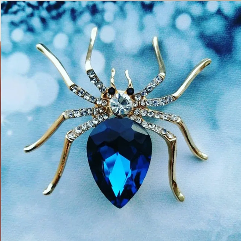 EMEGCY Spider Brooch For Women – Blue Crystal Rhinestone Gold Plated Lapel Pin, Copper Base Jewelry Gift