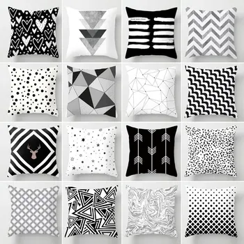 

Black White Square Cushion Cover Heart Star Wave Grid Geometric Pillow Case Polyester Throw Pillow Cover For Home Decor 45x45cm