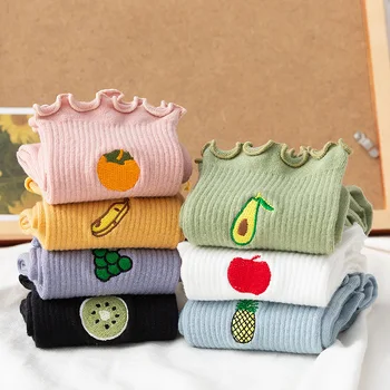 

Funny Socks Cotton Cute Fruit Print Meias Embroidery Women's Socks Pure Color Kiwi Grape Pineapple Apple Orange Wavy Edge Socks