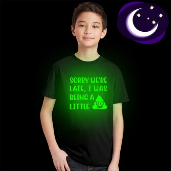

Summer Kids Funny Luminous Clothes Sorry We're Late Print Fashion Noctilucent T-shirt Children Unisex Glow In Dark Tees Shirts