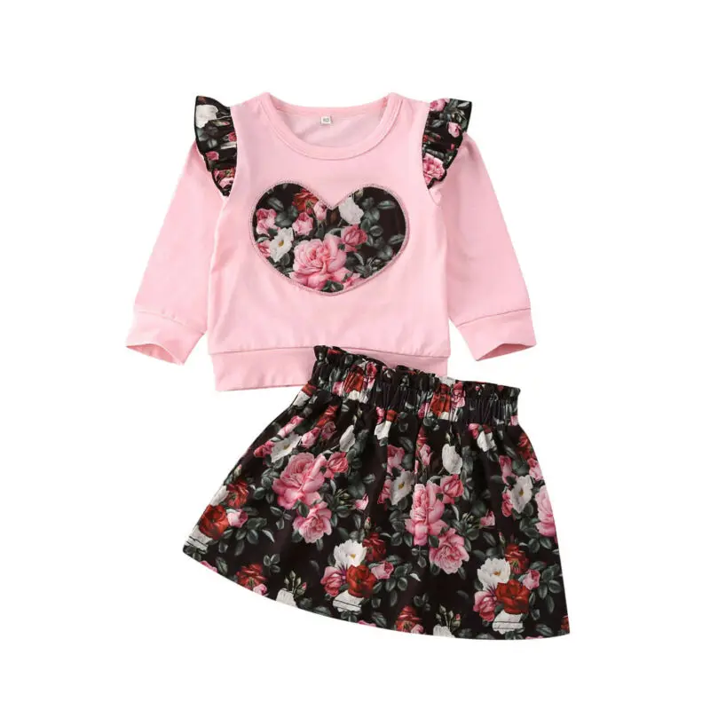 

Toddler Kids Baby Girls Sweatshirt Heart Tops Tutu Skirt Dress 2PCS Outfits Clothes Spring Set