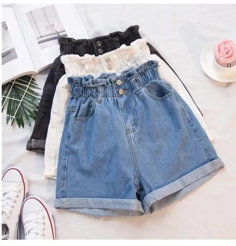 

Plus Size Summer Women's Denim Shorts High Waisted Elastic 5XL Denim Shorts Solid Pockets Korea Style Short Jeans For Women