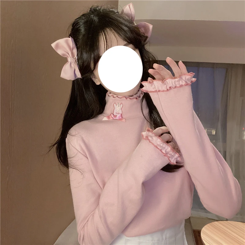 Kawaii T-shirt Women Turtleneck Cute Graphic Long Sleeve Tops
