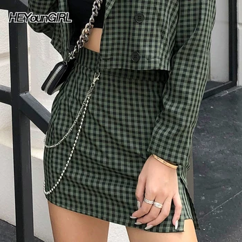 

New Sexy Casual Plaid Pencil Skirt with Chains Korean Style High Waist Skirts Women Split Harajuku Checkered Mini Skirt Street