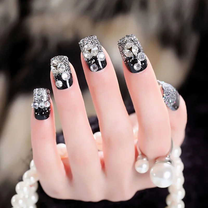 24PCS Shining Rhinestone False Nails Fashion Lace Designed Square Full Short Fake Nails Black