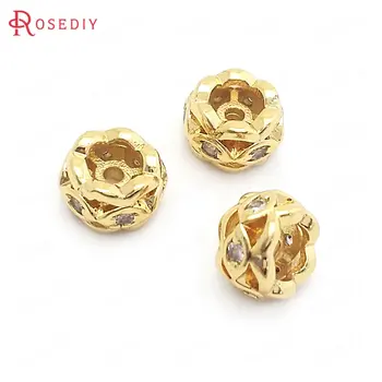 

(37829)6PCS 7MM 24K Gold Color Brass with Zircon Round Spacer Beads Bracelets Beads Jewelry Making Supplies Diy Accessories