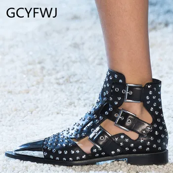 

GCYFWJ Rivet Boots Summer Luxury Brand Design Whole Genuine Leather Gladiator Sandals Women Large Size 34-43 Women Shoes Woman