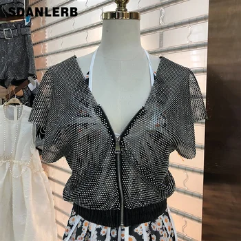 

2020 Fashion Summer New Diamond Mesh Zip Shirt Women's All-match Slim Shirt Sexy Tops Blusa