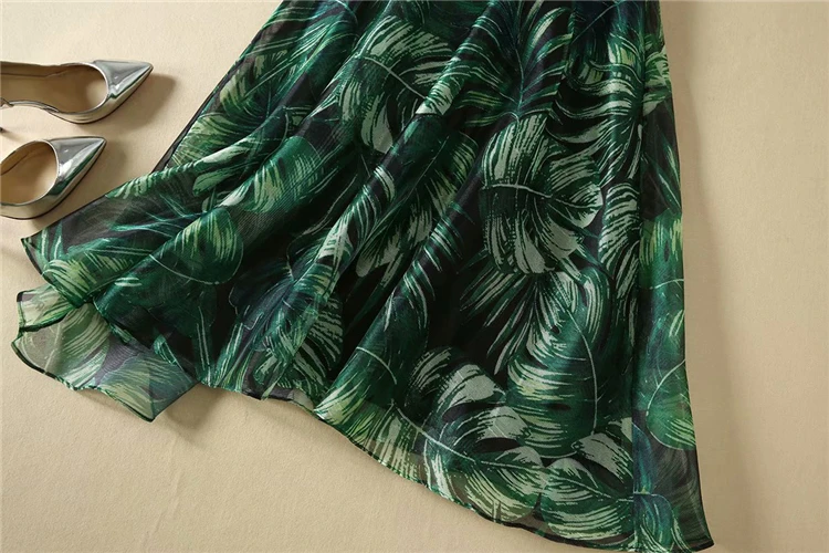 Truevoker Summer Runway Designer Ladies Dresses Women's Vintage Green Leaves Printed Midi Vestidos Casual Robe Femme Ete