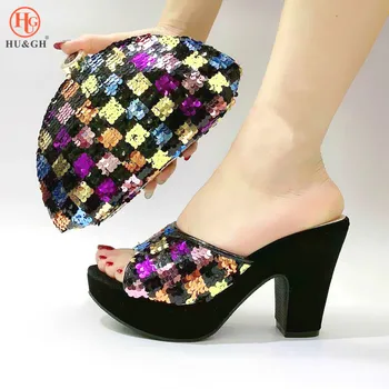

New Arrival Sexy Women High Heels Sandals Sequin Slingback Shoes African Women Party Shoes And Bag Set Good Quality For Women