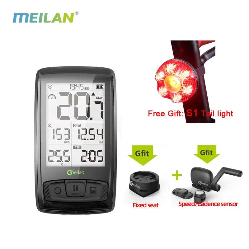 Wireless Bicycle Speedometer Meilan M4 and S1 Taillights Tachometer Heart Rate Monitor cadence Speed Sensor Waterproof Stopwatch