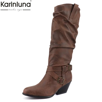 

Women's big Size 48 western boots woman shoes mid calf boot woman chunky heels Shoes Woman slip on autumn winter Boots