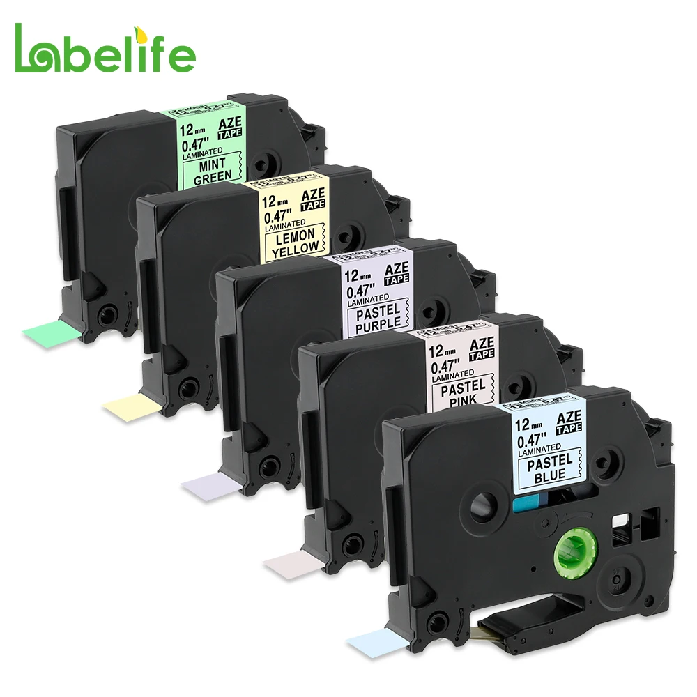 Яркие матовые ленты Labelife 5 шт. 12 мм TZeMQF31 MQ531 черные на пастельных фиолетовых