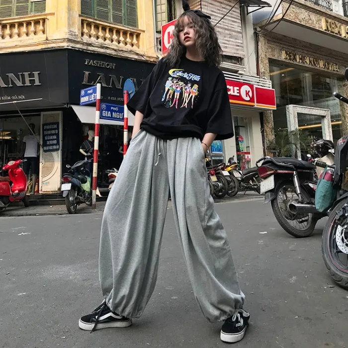 

Drawstring Elastic Waist Wide Leg Loose Harem Cotton Jogger Pocket Pant Korean Streetwear Harajuku Tracksuit Trouser Punk Hiphop