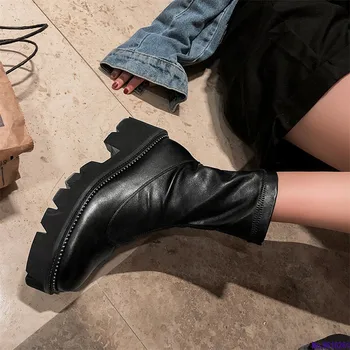 

Classic Round Toe Platform Boots Genuine Leather Women Ankle Boots Big Size Female Chelsea Short Boots Party Shoes Woman