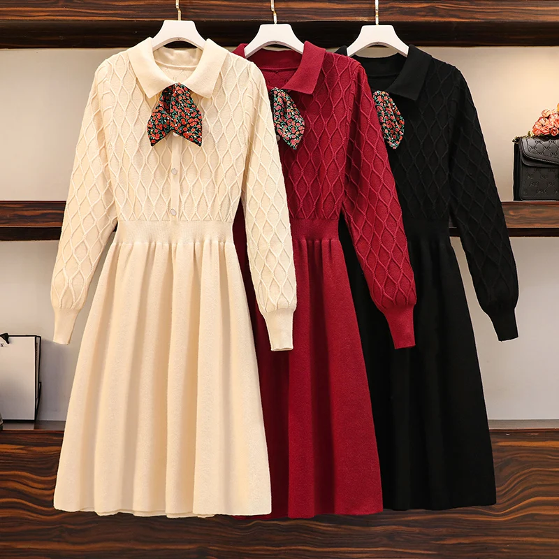 

EHQAXIN 2022 Womens Knitted Dress Autumn Winter All-Match Floral Bow Tie A-Shaped Geometric Button Sweater Dress L-4XL