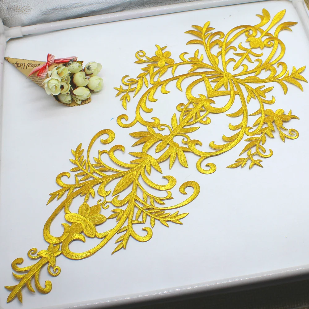 Description Picture 2 of itemIron On Appliques For Dress Gold Embroidery Patches Motif Flowers For Garment Diy Apparel Trims 50.5cm*25cm
