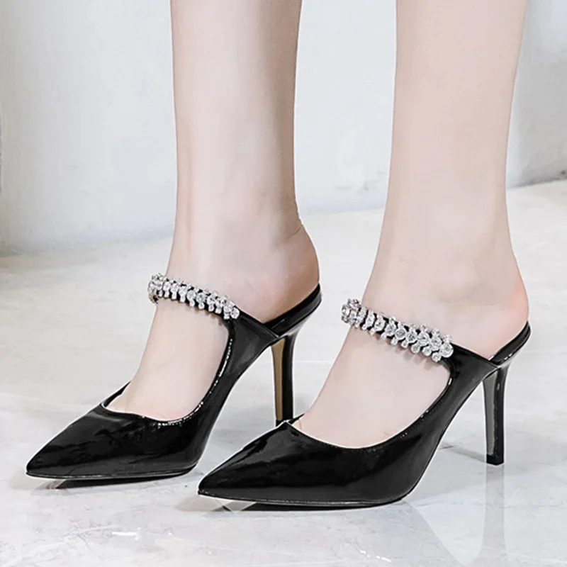 WEIQIAONA Spring and summer foot ring strap shoes  low heel stiletto pointy shoes mesh rhinestone sandals