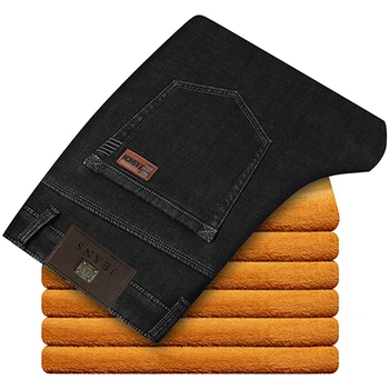 

2020 Winter New Men's Thick Warm Jeans Large Size Business Casual Stretch Denim Trousers Male Brand Pants Black Blue