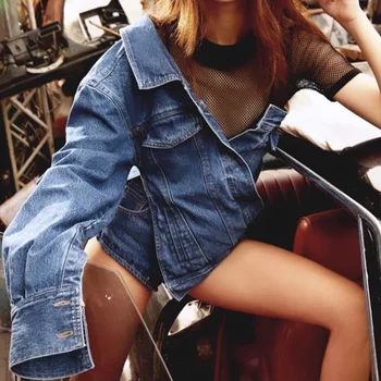 

CHIC Runway Designer Sexy Women one off shoulder Sleeve Irregular Denim Jacket Top Europe Ladies Blouse French Stylish Shirt