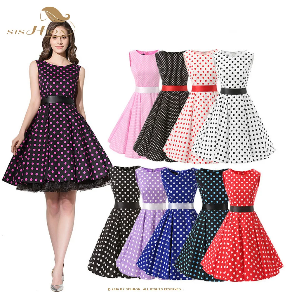 

SISHION 50s 60s Polka Dot Vintage Dress VD0110 Sleeveless Floral Print Large Swing Pink Blue Women Retro Rockabilly Cotton Dress