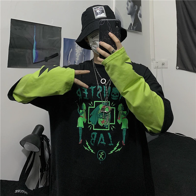 Woherb Harajuku футболка для женщин и мужчин поддельные 2 шт. мультфильм Письмо печати с длинным рукавом рубашка мода уличная Vete мужчины t Femme