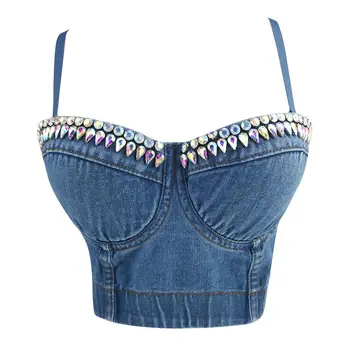 

CIEMIILI New Sexy Beading Jean Bra 2019 Autumn Women Spaghetti Strap Short Blue Adjustable Party Bodycon Crop Tops
