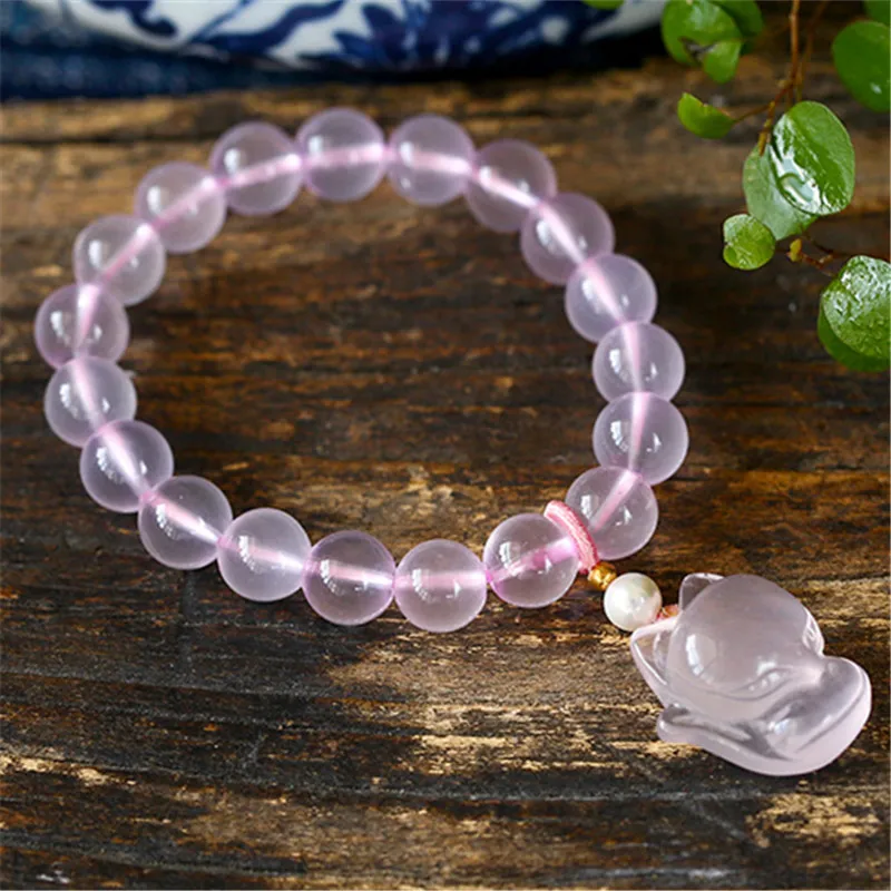 Kaufen Rosa Rose Quarz Kristall Naturstein Perlen Armband Frau Fuchs Anhänger Armband Armreifen Charme Meditation Healing Schmuck Geschenk
