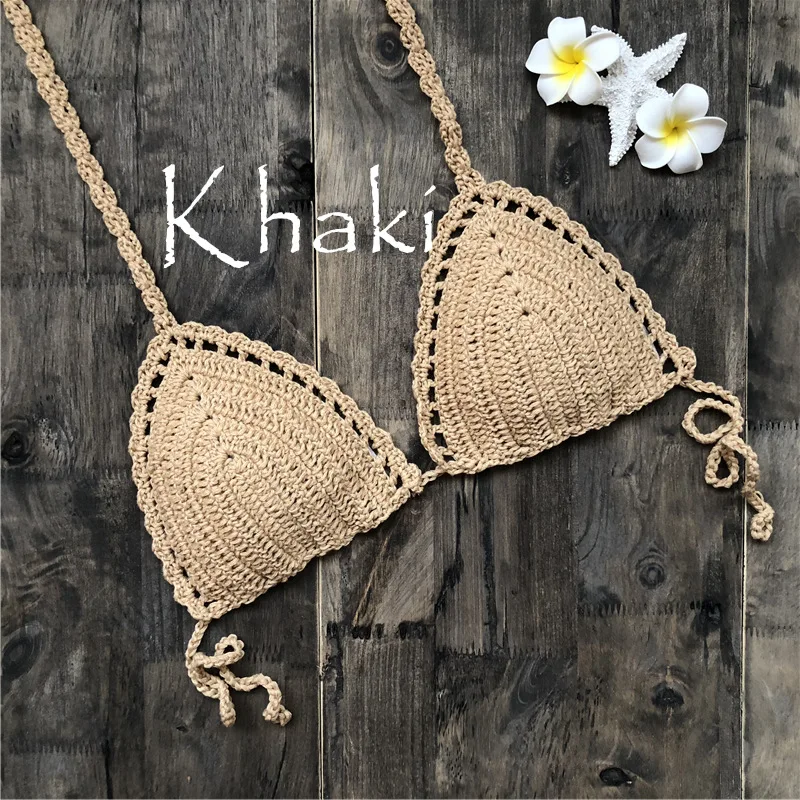 Хаки New Fashion Summer Women Crochet Bralette Knit Bra Boho Beach Woven Bikini Halter Crop Top - Цвет: Хаки