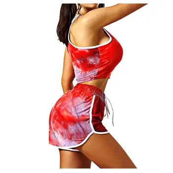 

Imcute Women 2 Piece Set Summer Tie Dye Print Sleeveless Crop Top+High Waist Shorts Fashion Suits 2020 Sportwear Clothes Set