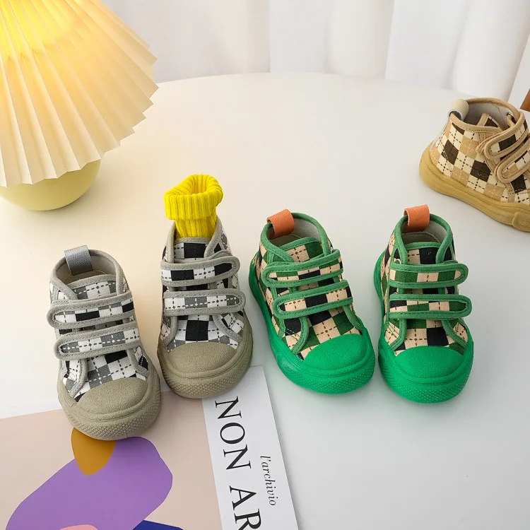 Children 2022 New Spring High-top Canvas Baby Cute Candy Green Lattice Kindergarten Shoes Boys Girls Fashion Soft Sneakers children's sandals