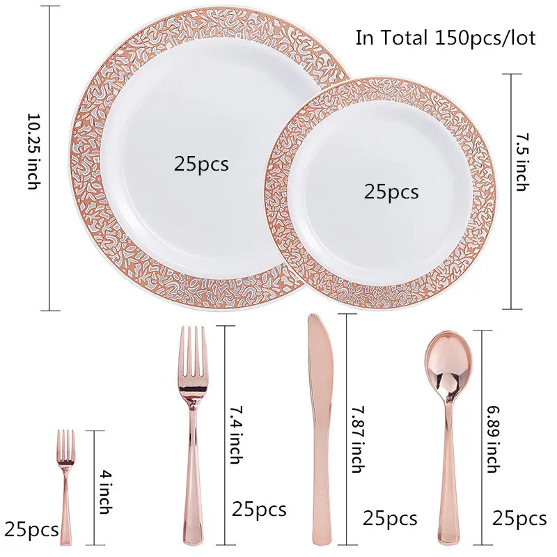 150 шт. доступная пластмассовая столовая посуда комплект из розового золота Пластик тарелки чашки столовые приборы для свадьбы или «нулевого дня рождения» День рождения расходные материалы - Цвет: Rose with small Fork