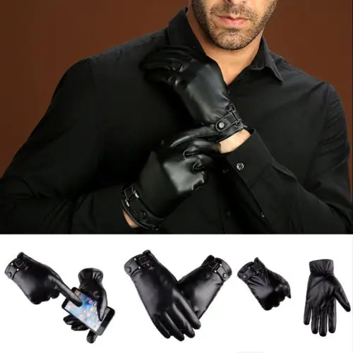 Прямая сделка модные черные мужские зимние водительские перчатки из искусственной кожи с шерстяной подкладкой водонепроницаемые